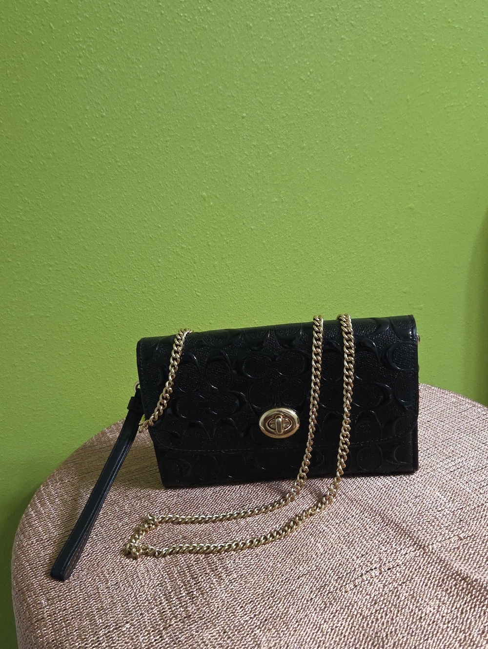 Coach Black Embossed Signature Crossbody with Gold Chain